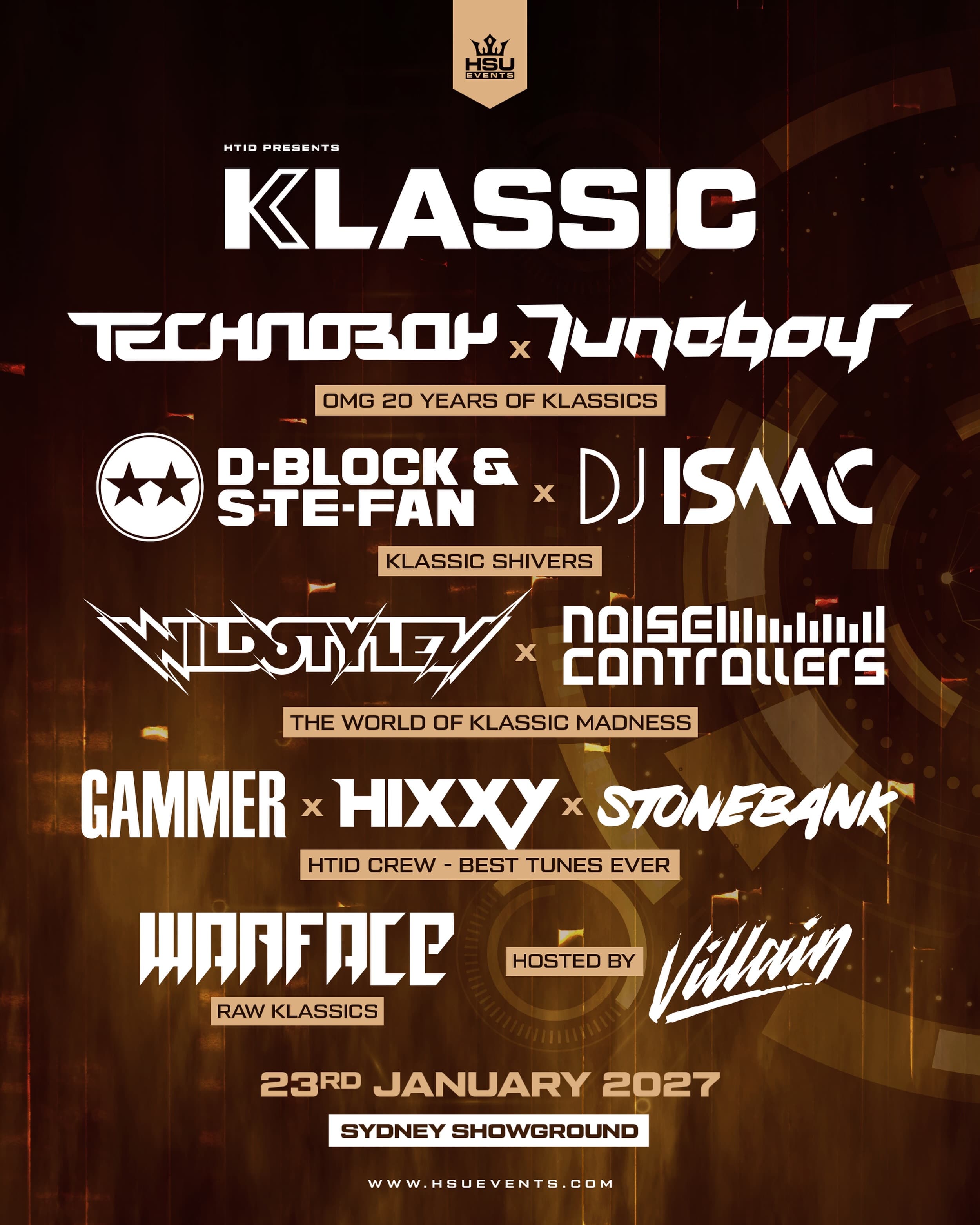 Corrected official HTID presents KLASSIC 2027 lineup poster: Technoboy with Tuneboy; D-Block & S-te-Fan with DJ Isaac; Wildstylez with Noisecontrollers; Gammer, Hixxy and Stonebank; Warface; hosted by Villain. Sydney Showground, 23 January 2027.