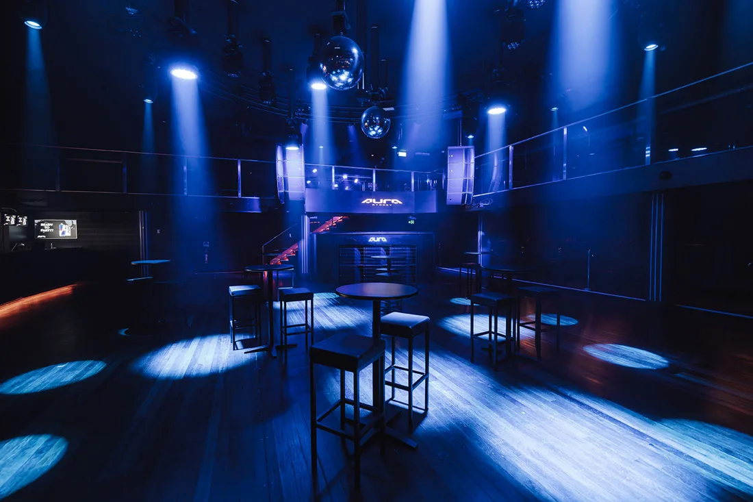 Arq main dancefloor with mirror balls, lighting rig and mezzanine