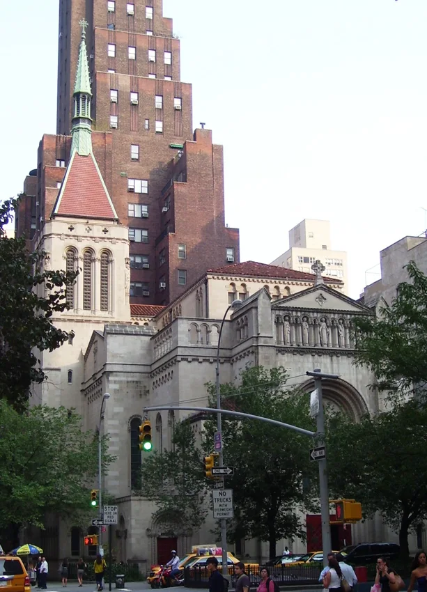 Church of Our Saviour stone church and bell tower on Park Avenue