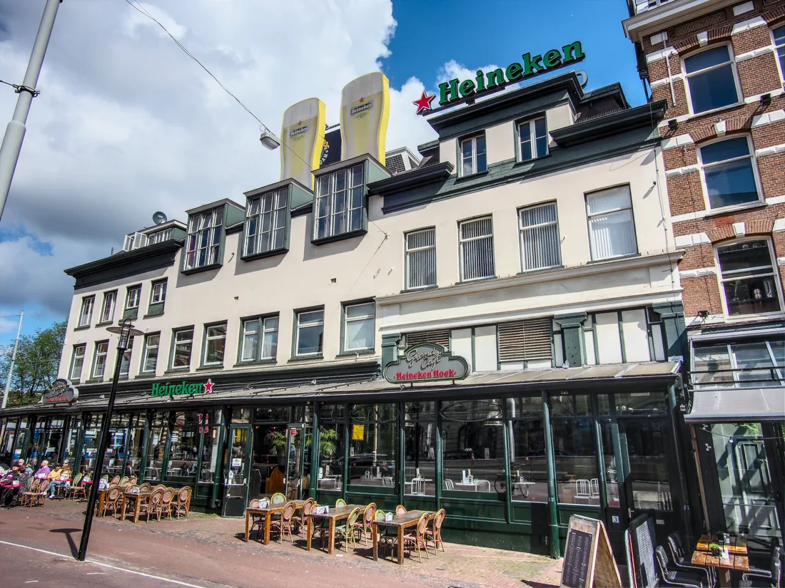 Grand Café Heineken Hoek corner building with Heineken Hoek sign and terrace