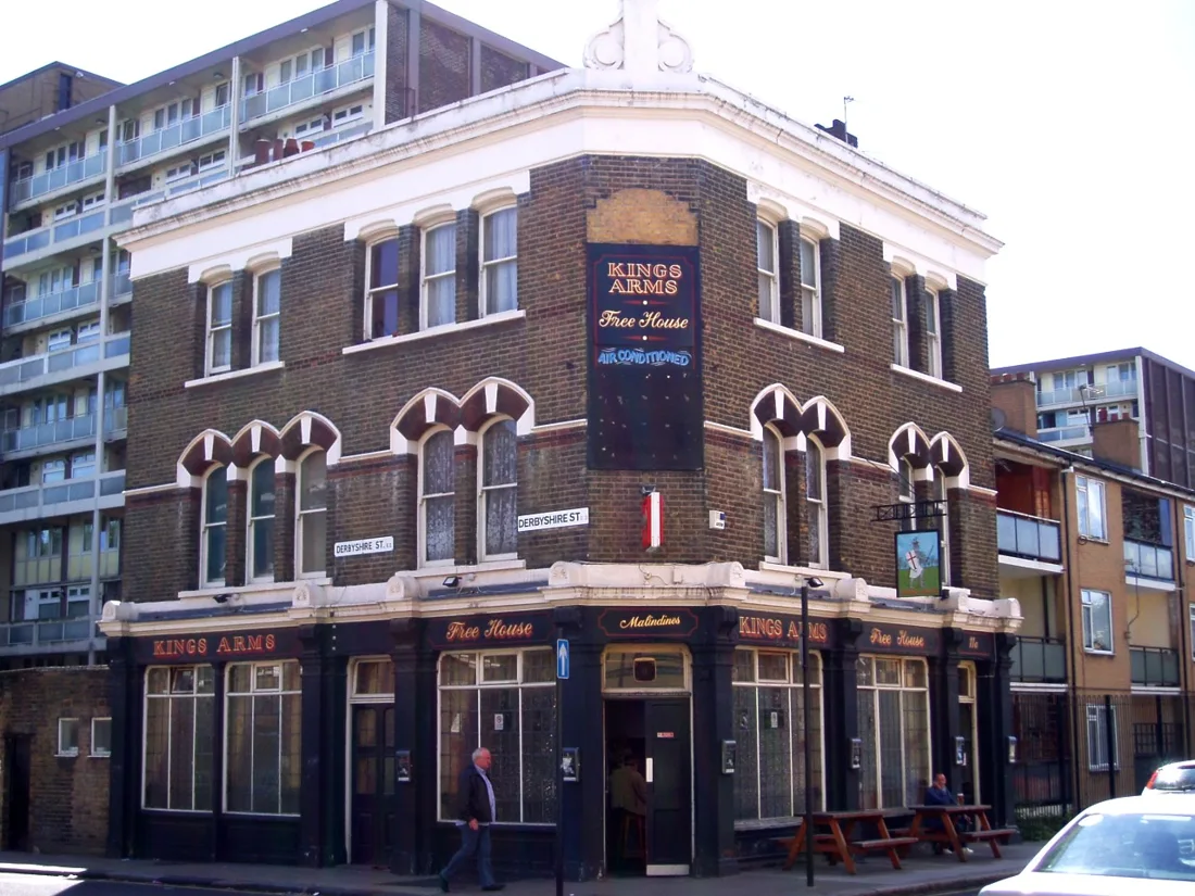 Kings Arms E2 corner pub exterior with signage on Buckfast Street