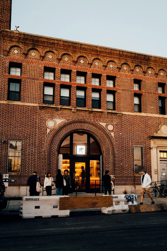Public Records brick building at 233 Butler Street at dusk