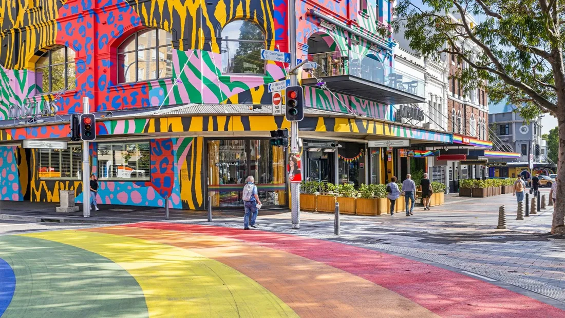Standard, Kinselas corner building at Taylor Square painted in bright animal-print mural
