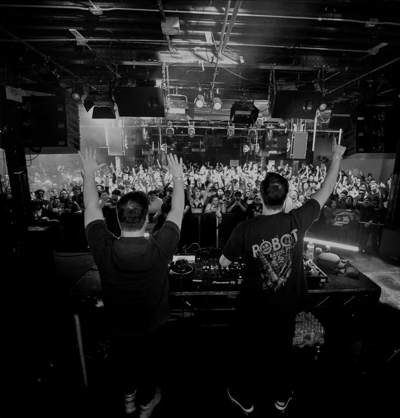 The Brooklyn Monarch main room seen from the DJ booth over a packed floor