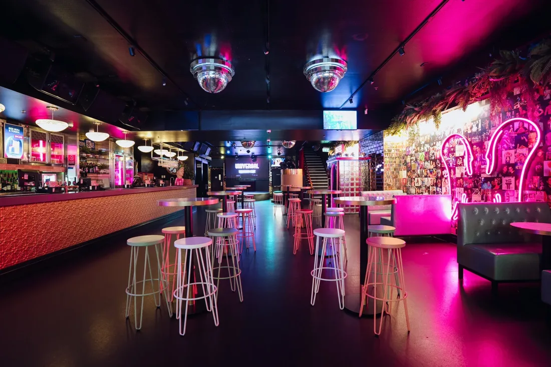 Universal Sydney club room with bar, stools, disco balls and neon swans