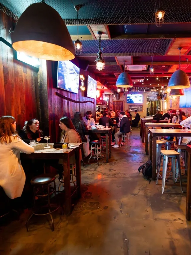 Webster's Rooftop and Bar timber-walled pub room with hanging lamps and drinkers